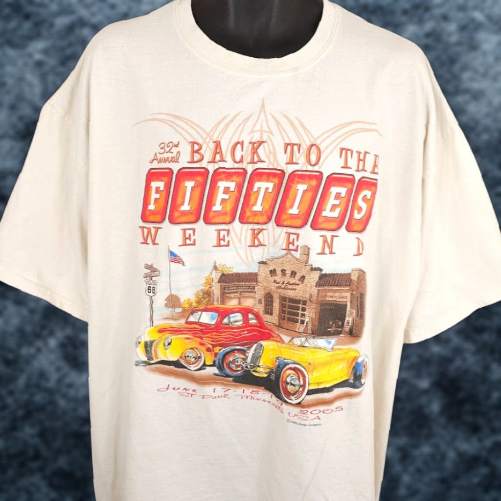 Gildan VINTAGE Car Show T Shirt Mens Size XL White Y2K 2005 Back To The Fifties Size US XXL / EU 58 / 5 - 1 Thumbnail