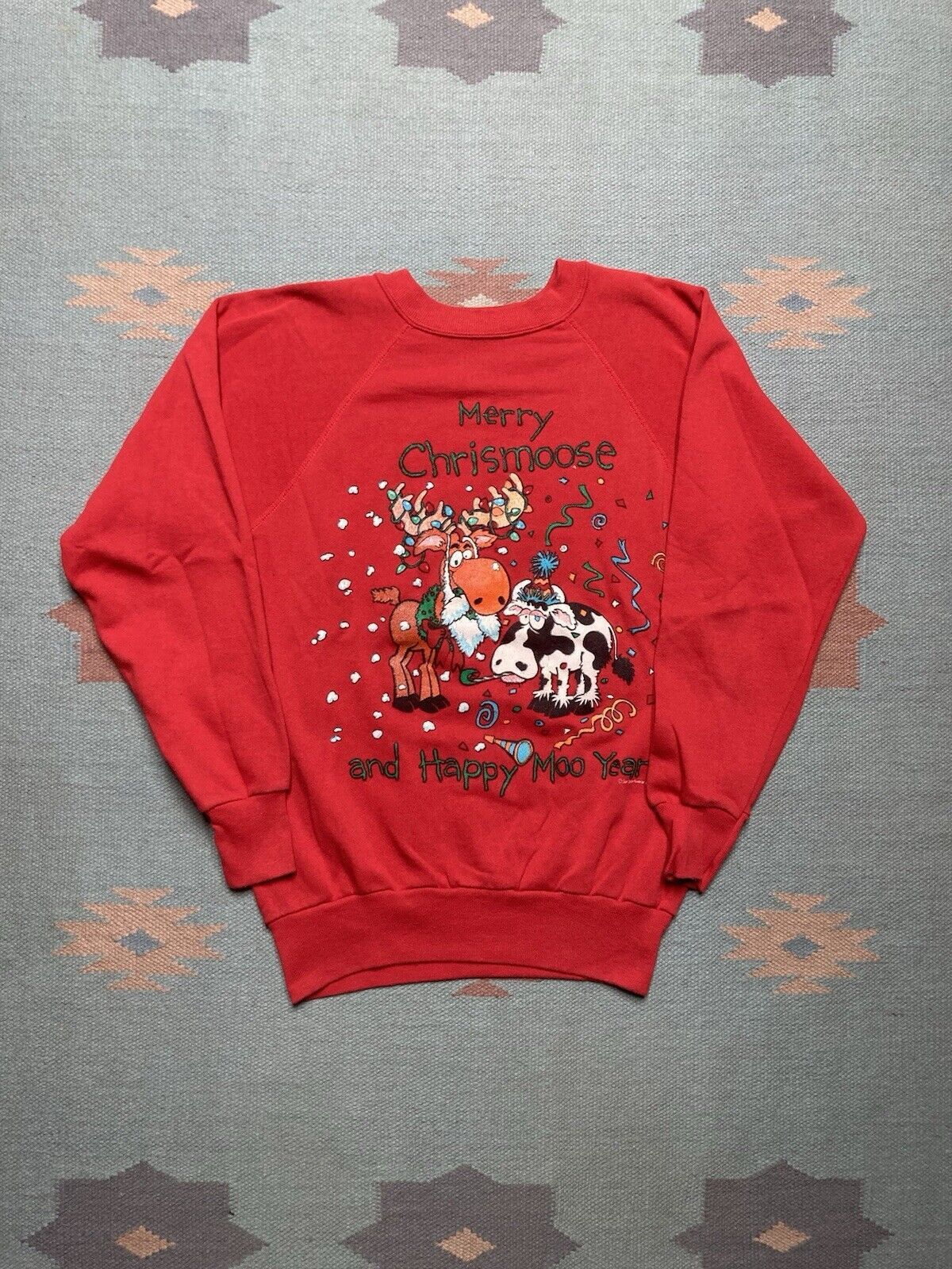 Vintage 80s sweatshirt merry Christmas happy moo year cow moose M Size US M / EU 48-50 / 2 - 1 Thumbnail