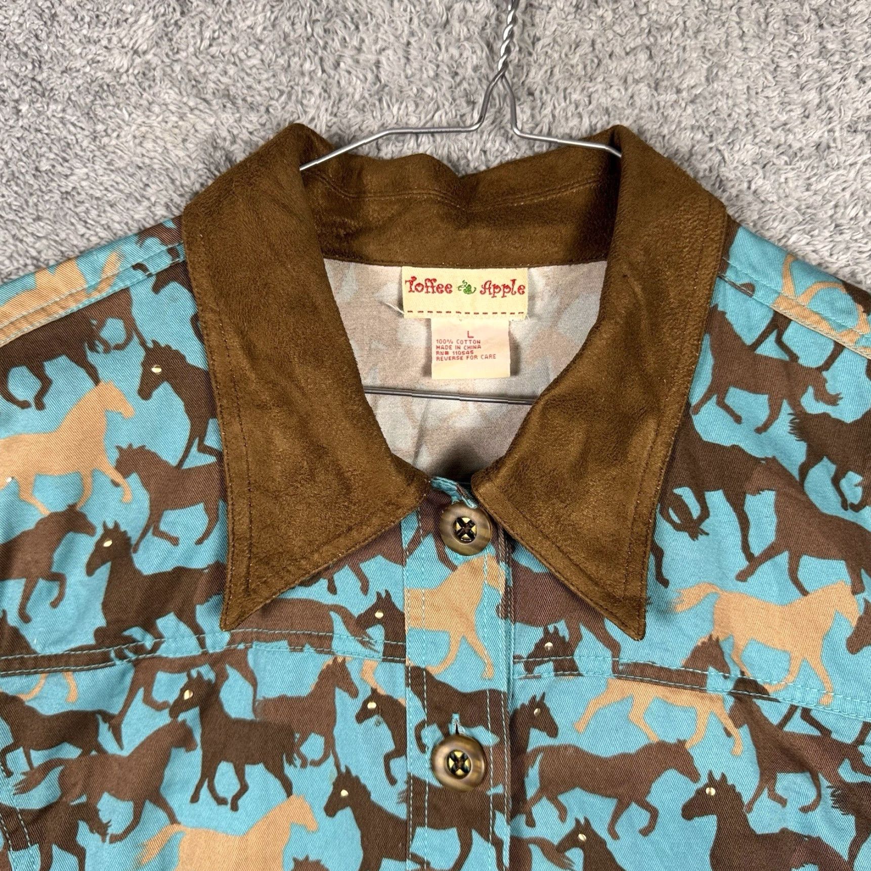 Apple Toffee Apple Jacket Women's L Canvas Horse Faux Leather Equestrian Western Cowgirl Horse Pattern Button Closure Casual Travel Fall Winter Spring Blue Size L / US 10 / IT 46 - 3 Thumbnail