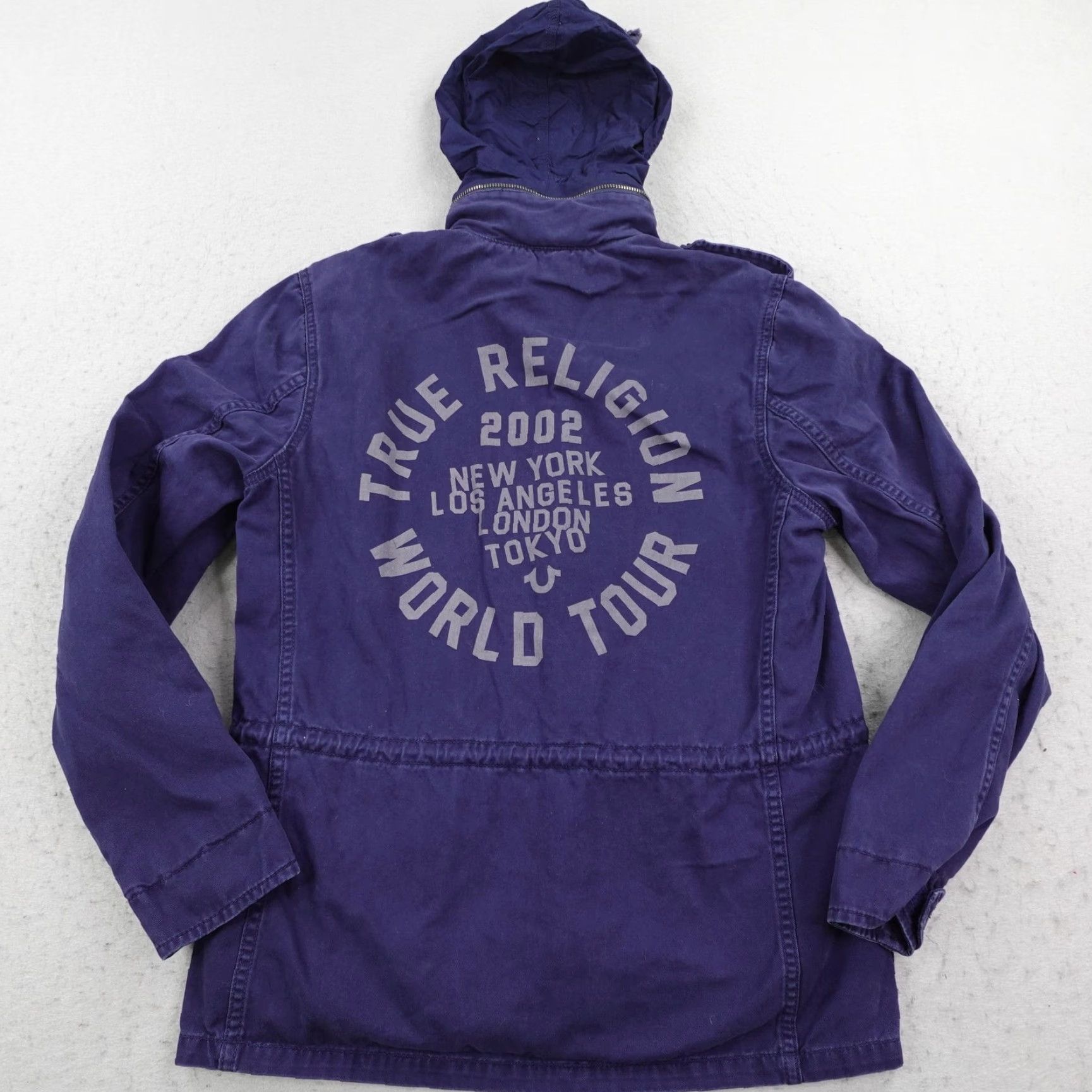 True Religion True Religion Jacket Mens Small Blue Military World Tour Coat Hidden Hood Zip Up Size US S / EU 44-46 / 1 - 2 Thumbnail