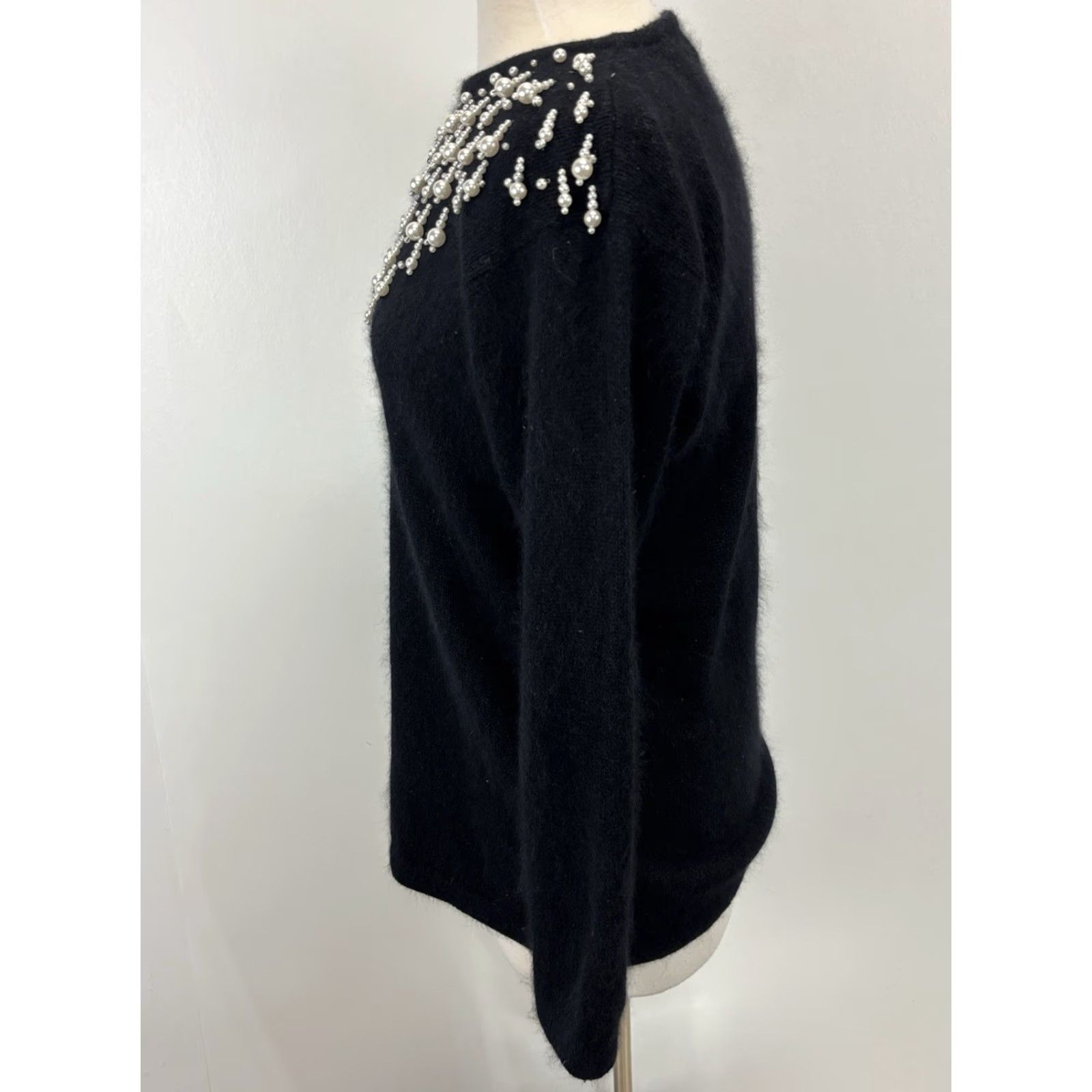VINTAGE Lord & Taylor Sweater Medium Black Silk Angora Pearl Drop Womens
