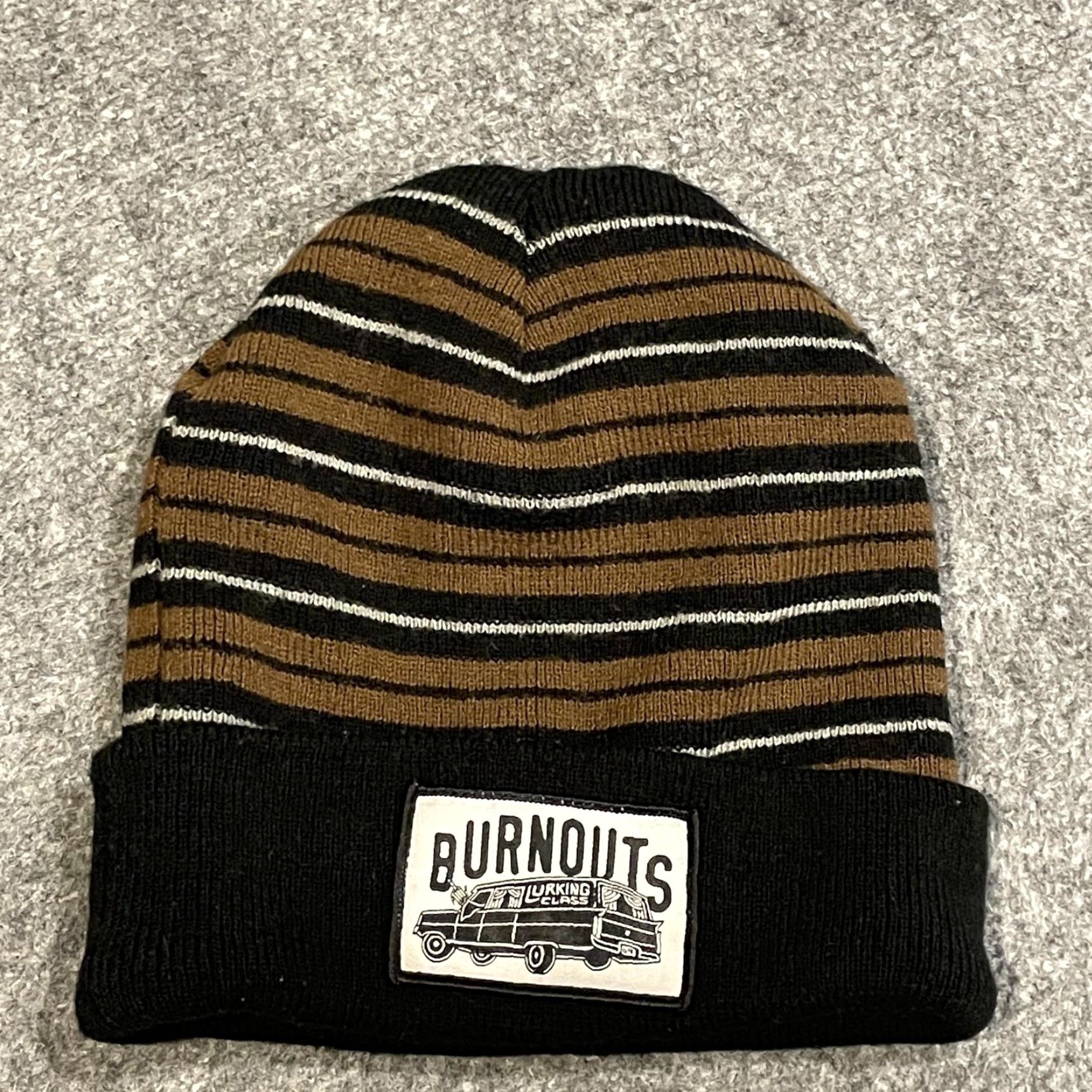 Vintage Lurking Class Beanie Mens One Size Brown Black Striped Skull Knit Cuff Hat Vintage No Size ONE SIZE - 2 Thumbnail