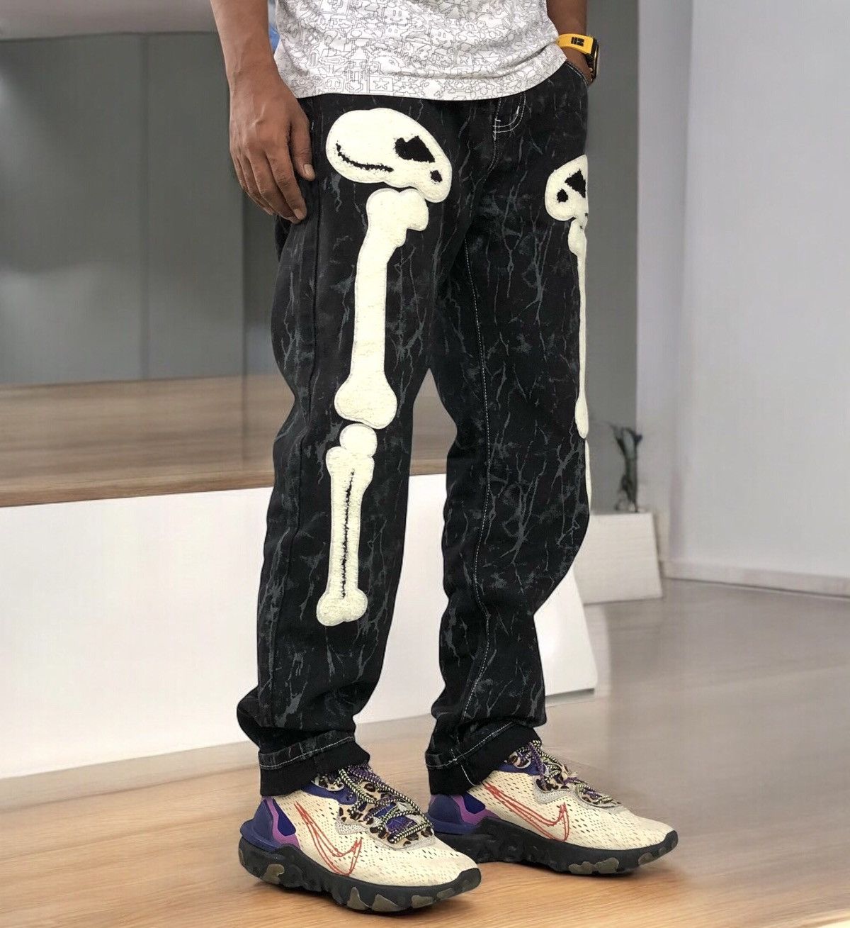 Japanese Black Bone Print Zipper-Pocketed Casual Punk Jeans
