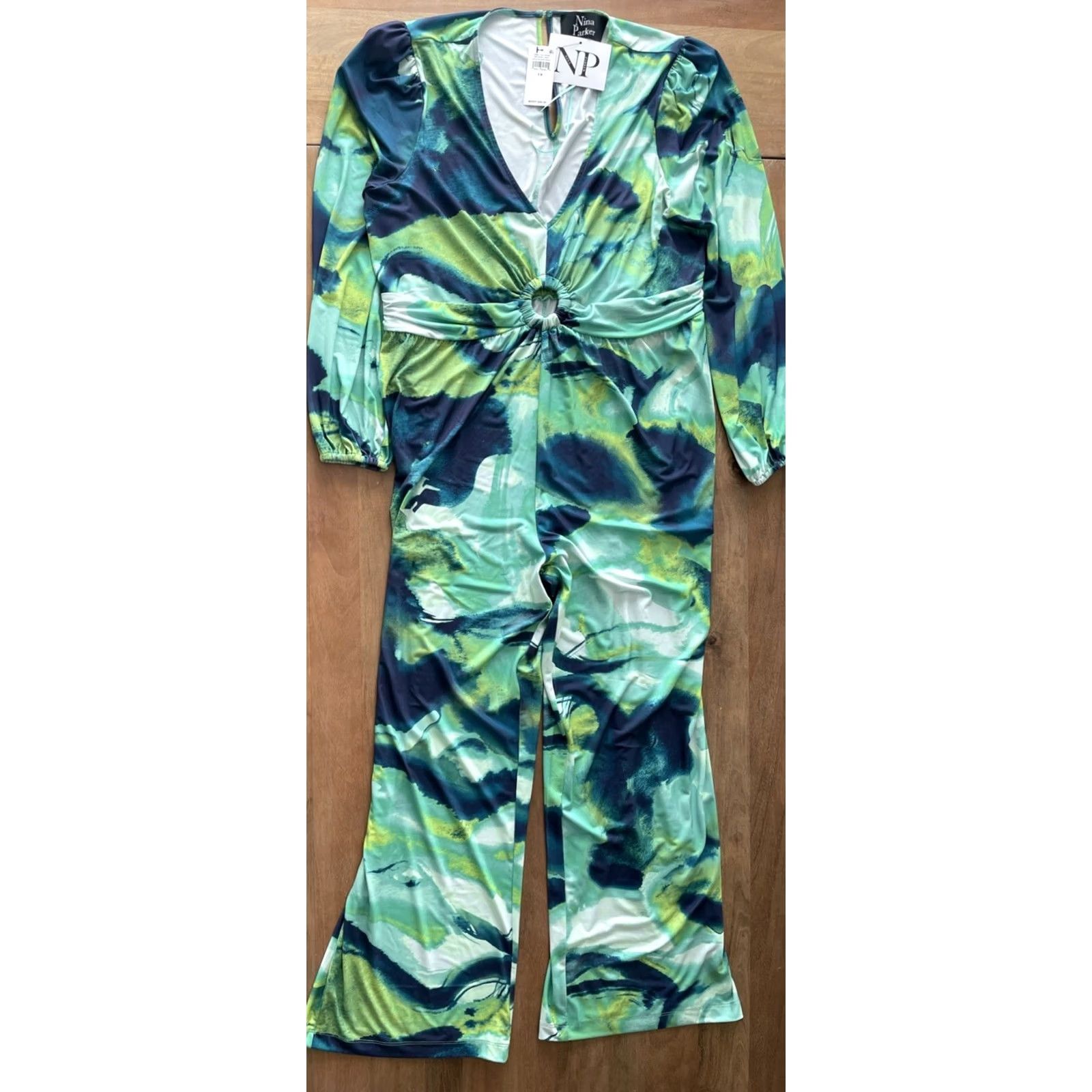 Parker Parker Jumpsuit Women's 1X Long Sleeve Tie Dye V-Neck Wide-Leg Plus Size Green TSJ Size 40" / US 18 - 2 Thumbnail