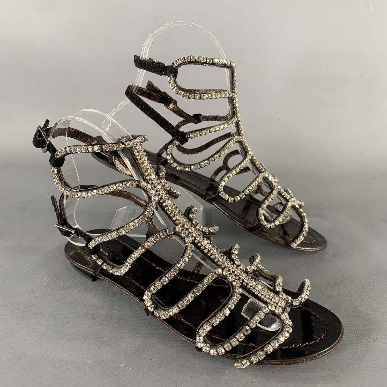 Roberto Cavalli Size 7 Black Rhinestone Leather Gladiator Sandals Size US 7 / IT 37 - 1 Thumbnail