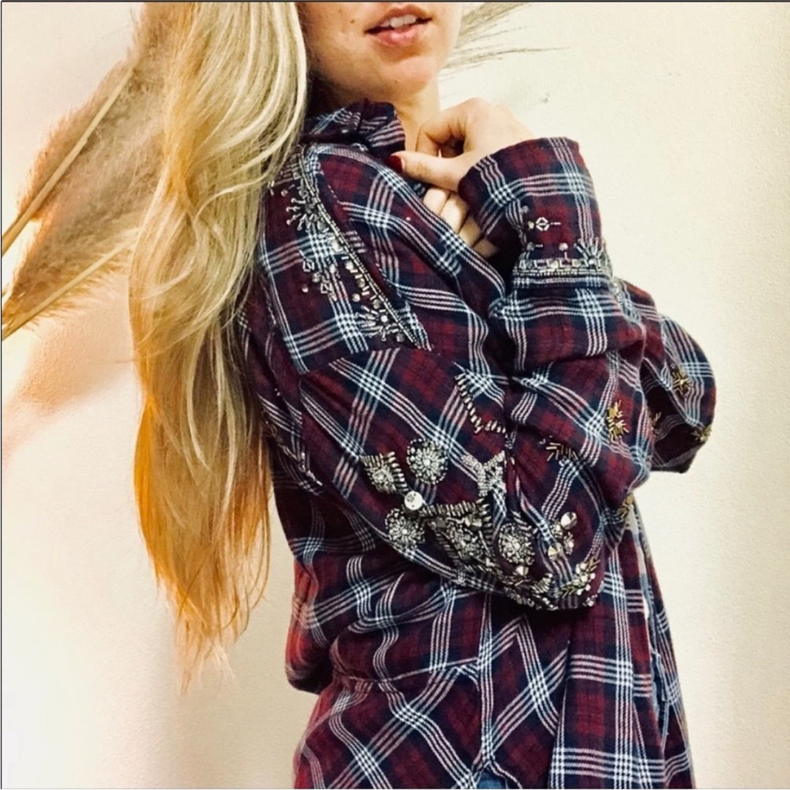 image of Free People Silver Sequin Bead Flannel Plaid Button Shirt in Red, Women's (Size XS)