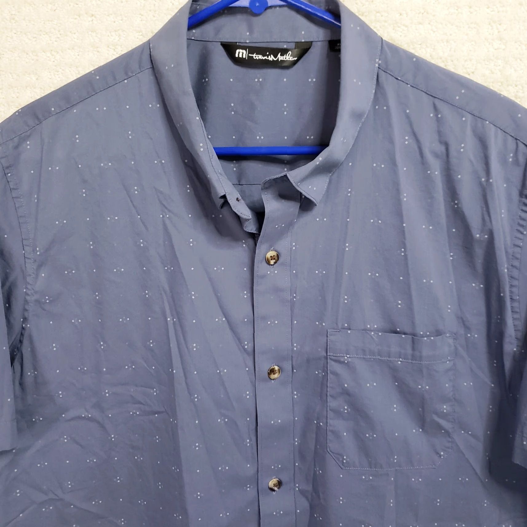 TravisMathew Travis Mathew Shirt Mens XL Blue Geometric Button-Up Short Sleeve Stretch Size US XL / EU 56 / 4 - 3 Thumbnail