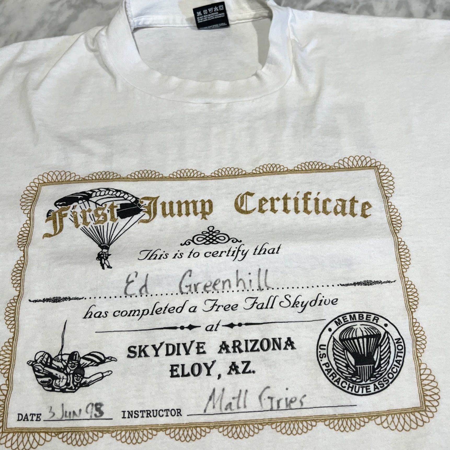 Fruit Of The Loom VINTAGE 1990s Skydive Arizona I Jumped From 13000 Feet T Shirt XL White Men Graphic Tee Personalized 1st Jump Single Stitch Size US XL / EU 56 / 4 - 6 Thumbnail