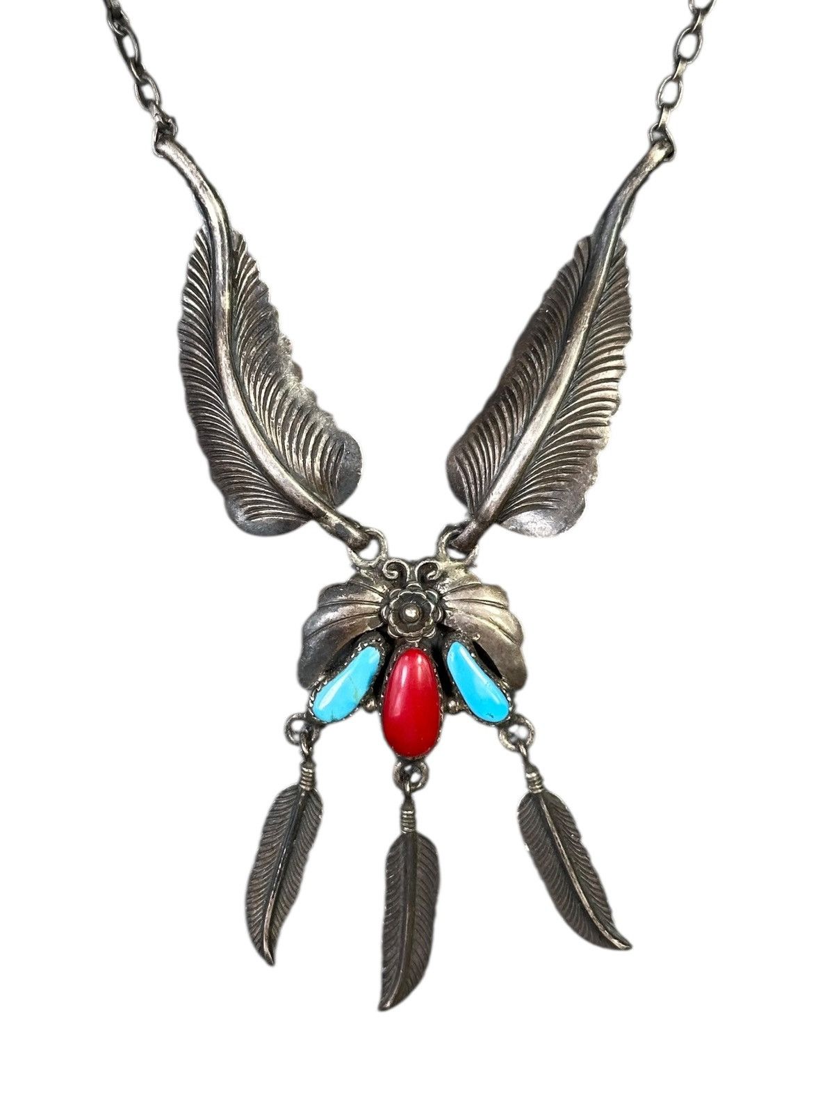 Vintage 90s NAVAJO STERLING SILVER WITH CORAL AND TURQUOISE NECKLACE Size ONE SIZE - 1 Thumbnail
