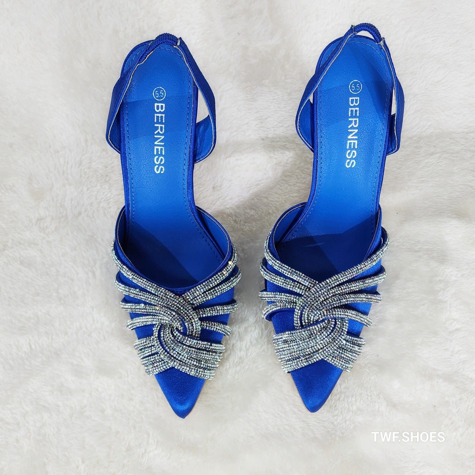 Other Elegance Slip on Slingback Blue Satin Rhinestone Pointy Toe Size US 8 / IT 38 - 6 Thumbnail