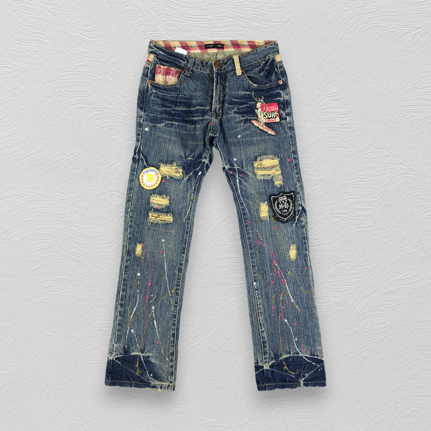 image of Vintage Distressed Japanese Love Peace Jeans Painted Denim in Blue, Men's (Size 31)