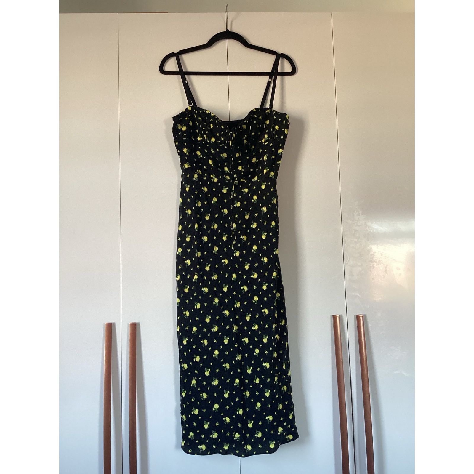 Realisation Par NWT REALISATION PAR Iris Black Yellow Floral Midi Dress L Size L / US 10 / IT 46 - 4 Thumbnail