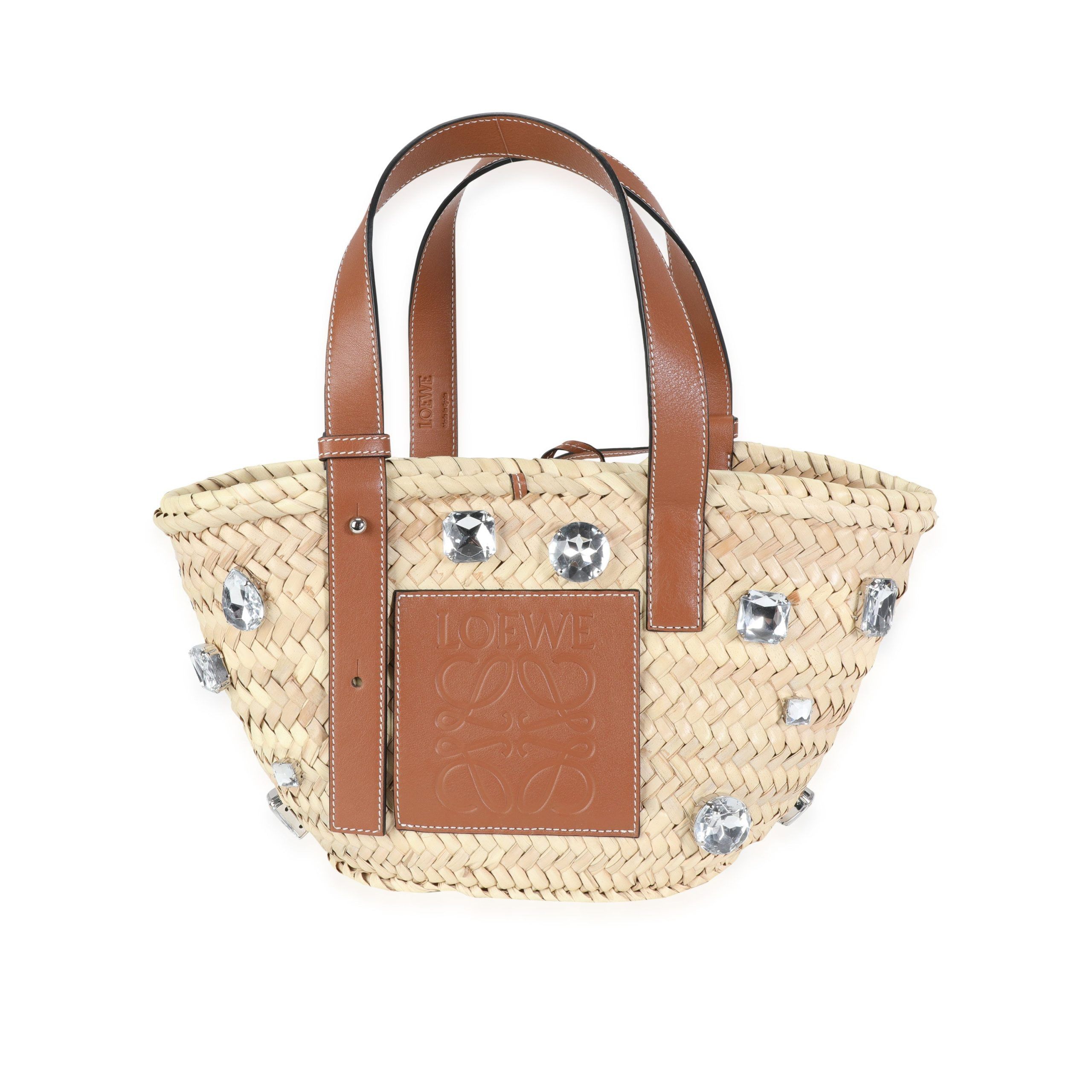 image of Loewe Natural Tan Raffia & Cognac Leather Small Stones Basket Tote in Brown, Women's