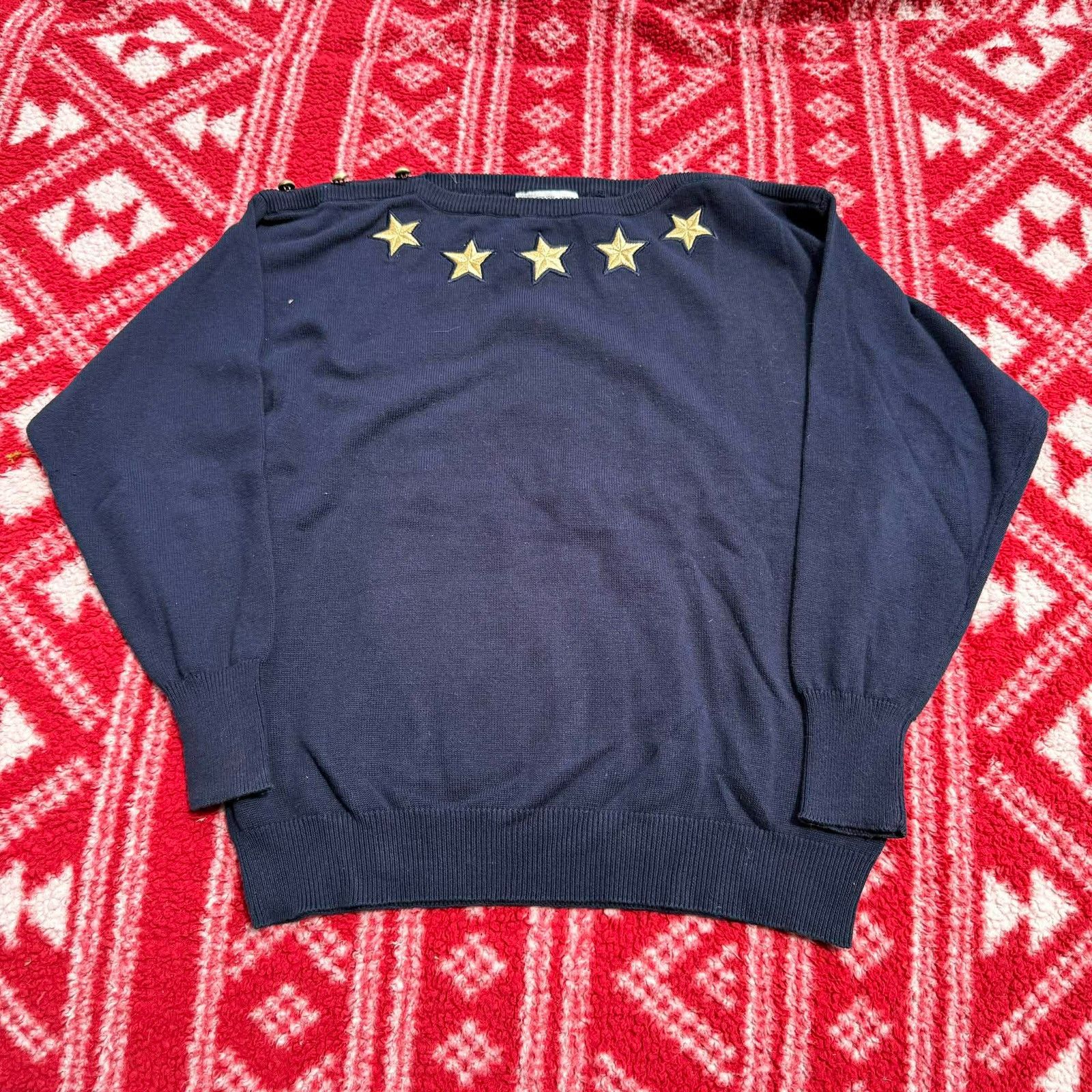 Other Vtg Stephanie by Suzelle Navy Star Sweater Gold Buttons Size L / US 10 / IT 46 - 2 Thumbnail