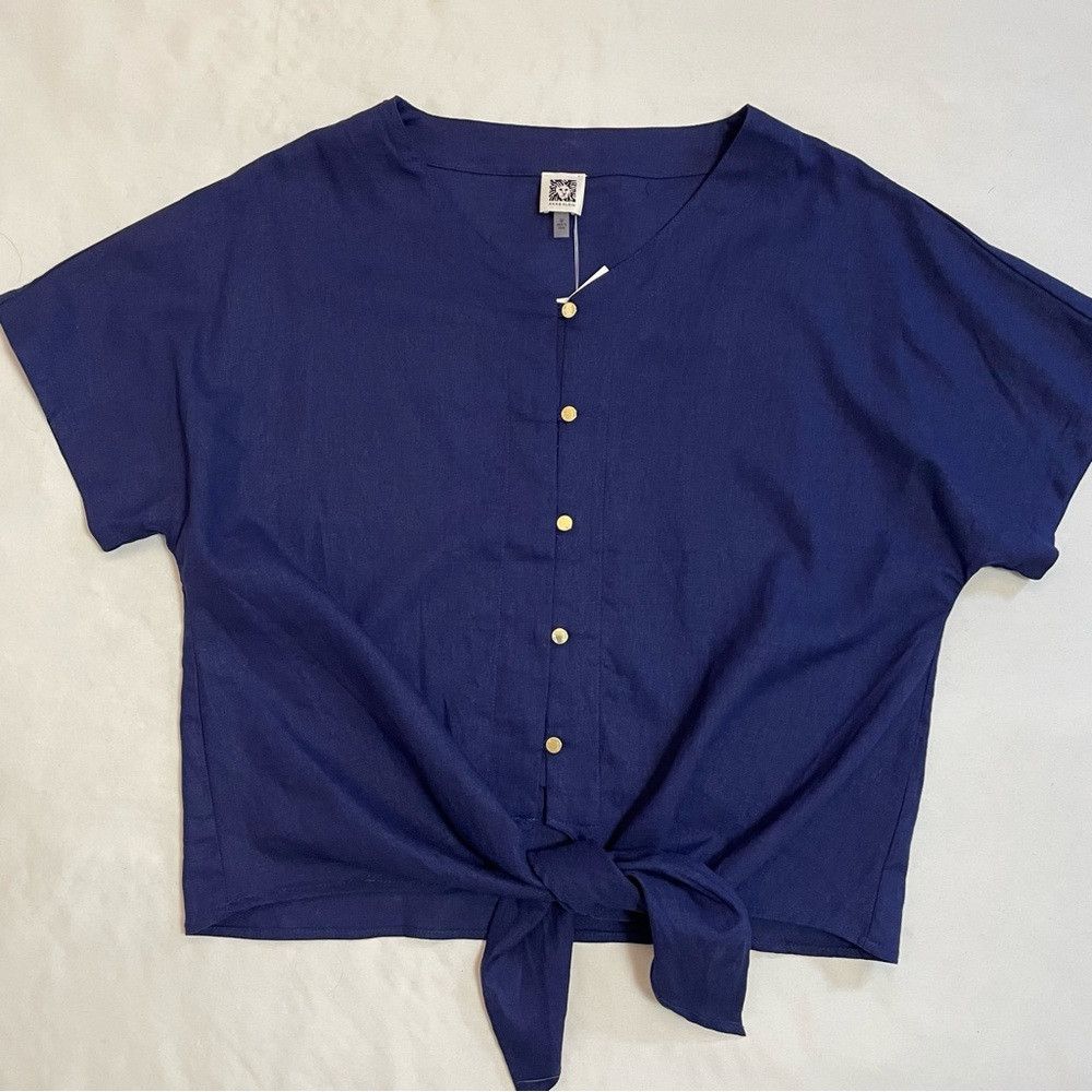 Anne Klein NWT New $79 Anne Klein Linen Short Sleeve Front Tie Blue To Size M / US 6-8 / IT 42-44 - 5 Thumbnail