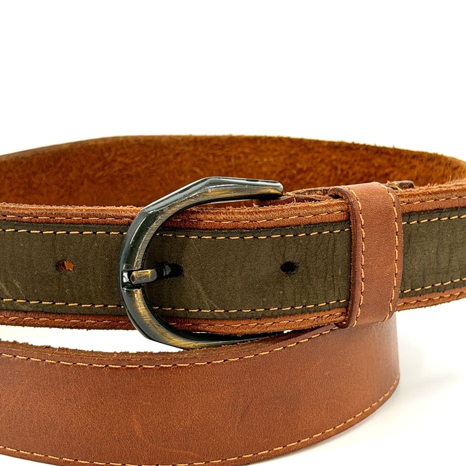 Vintage Vintage 90s Brown Leather Contrast Forest Green Trim Belt Size ONE SIZE - 2 Thumbnail