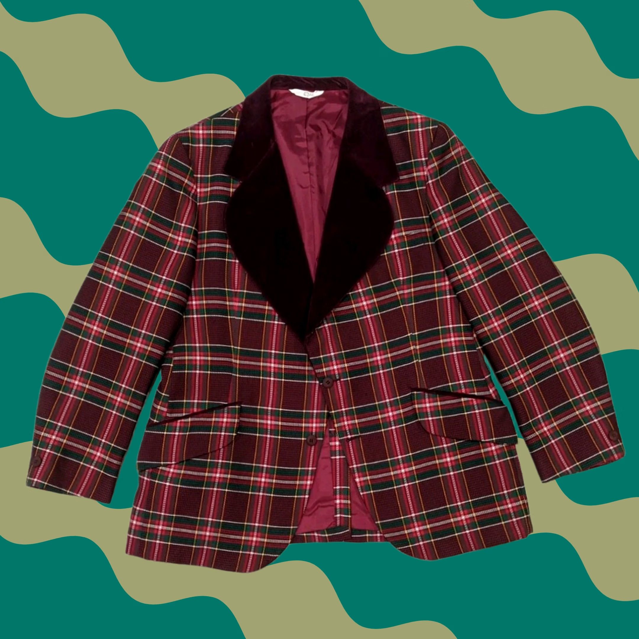 Vintage After Six Sport Coat Mens 46r Red Plaid Velvet Collar Textured Blazer Smoking Jacket 60s, Men's