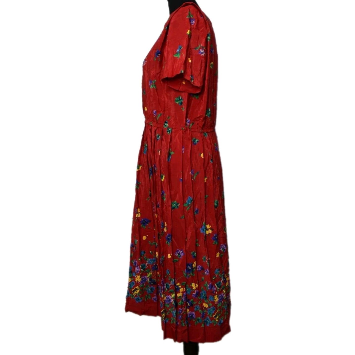 Fay VINTAGE Leslie Fay Dress Pleated Floral Midi Shirt Dress Small Red 8P Petite Waist Belted Short Sleeve Women Size S / US 4 / IT 40 - 2 Thumbnail