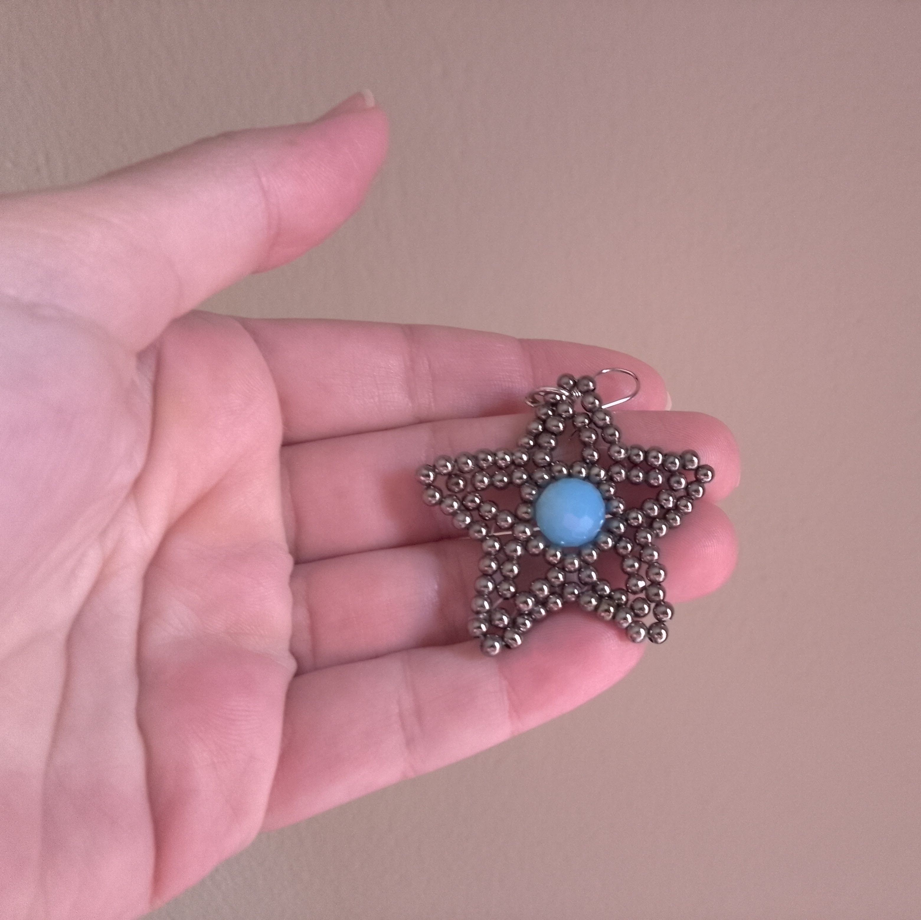 Handmade Earrings Star Brass Beaded Blue Crystal Unique Design Size ONE SIZE - 3 Thumbnail