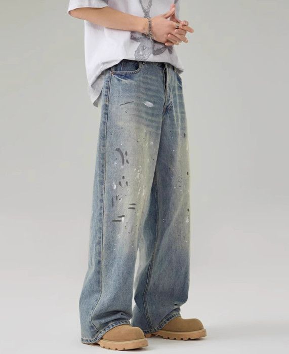 Vintage American ink-splatter wash men's street wide-leg baggy jeans Size US 32 / EU 48 - 5 Thumbnail