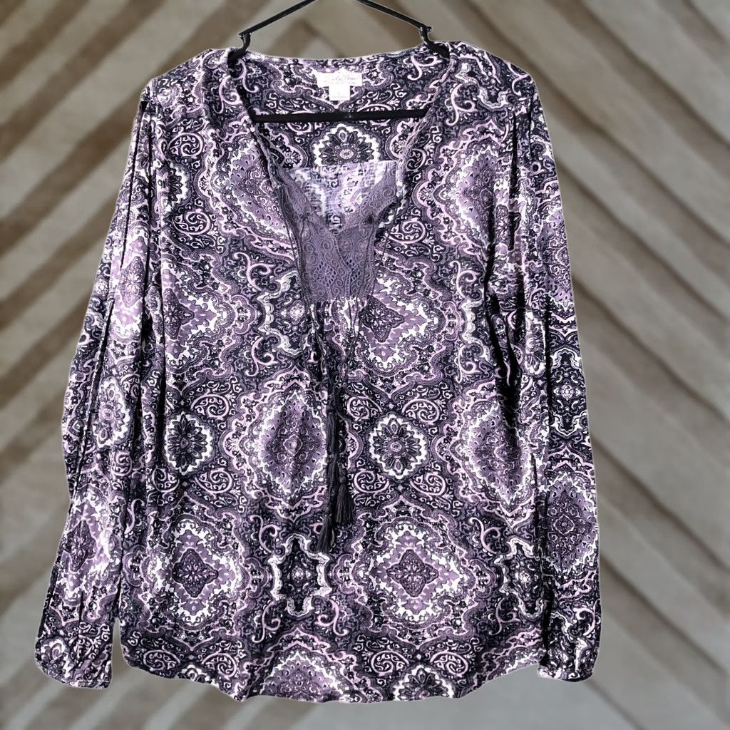 Lucky Brand Lucky Brand Womens Shirt Purple Floral V Neck Front Tie Long Sleeve Large Size L / US 10 / IT 46 - 1 Thumbnail