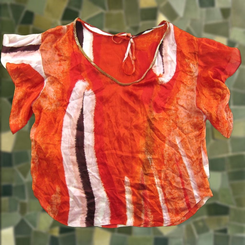 Guess GUESS Blouse Silk Orange White Brown Beaded Ruffle Cap Sleeve XL 100% Silk Women Size XL / US 12-14 / IT 48-50 - 1 Thumbnail