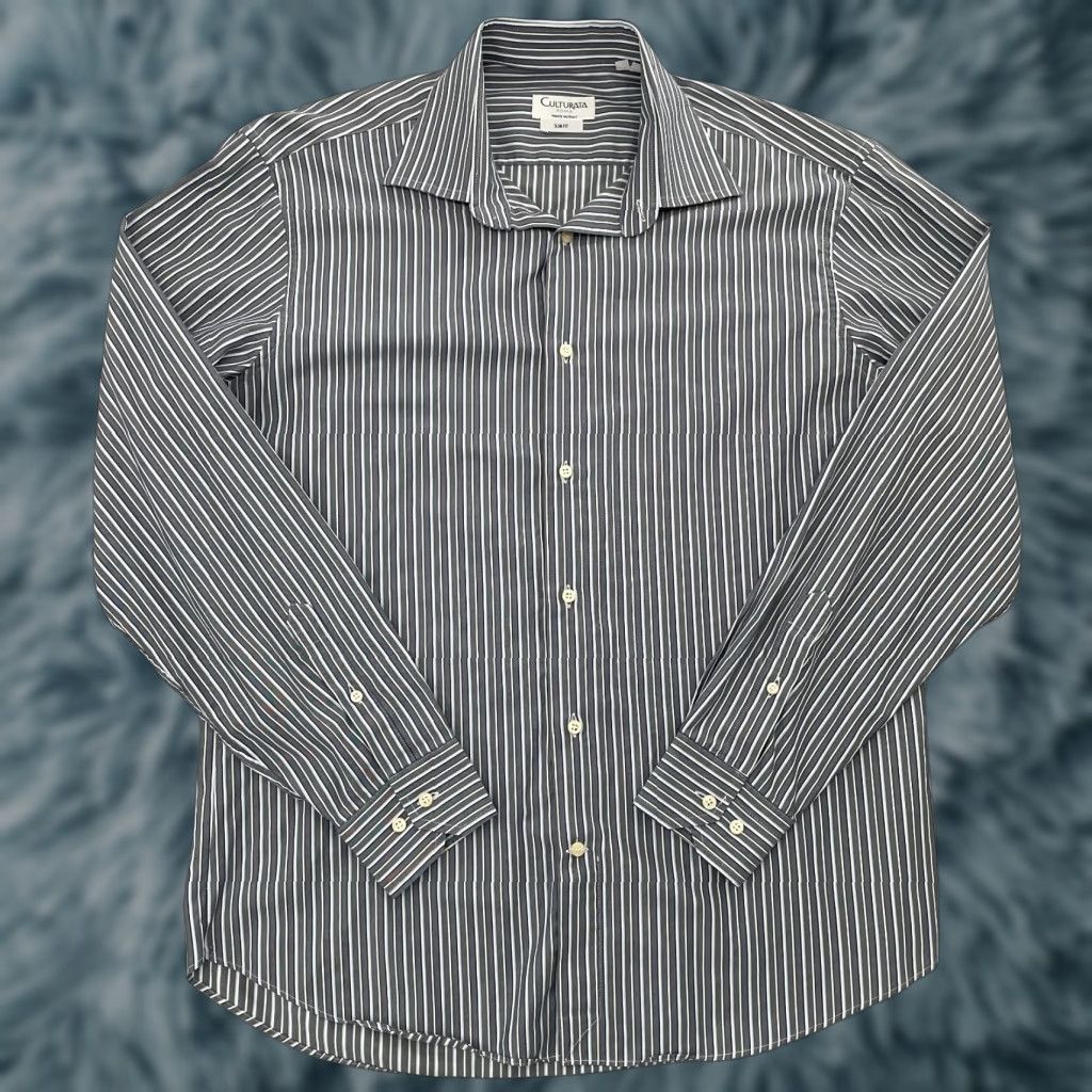 Vintage VINTAGE Culturata Shirt Men XL Gray White Striped Button-Up Collar Dress Shirt Italy Size US XL / EU 56 / 4 - 1 Thumbnail