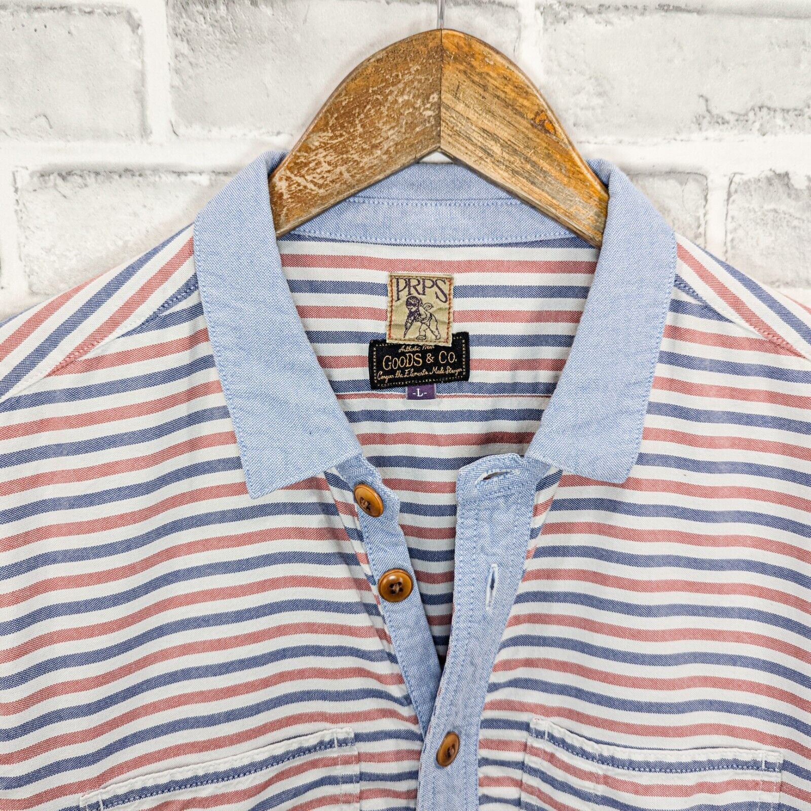 Prps PRPS Goods & Co. Japan Men's Blue Red Striped Chambray shirt Size US L / EU 52-54 / 3 - 2 Thumbnail