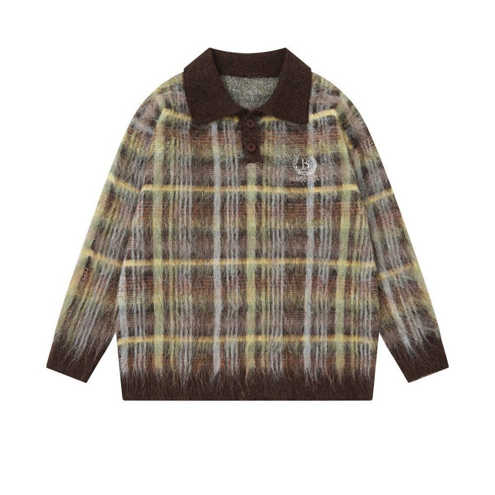 American style lapel loose casual plaid pullover sweater