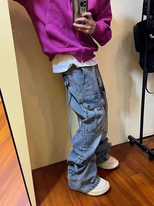 Japanese Brand × Jean Heavy-duty washed distressed pocket cargo straight-leg jeans Size US 32 / EU 48 - 4 Thumbnail
