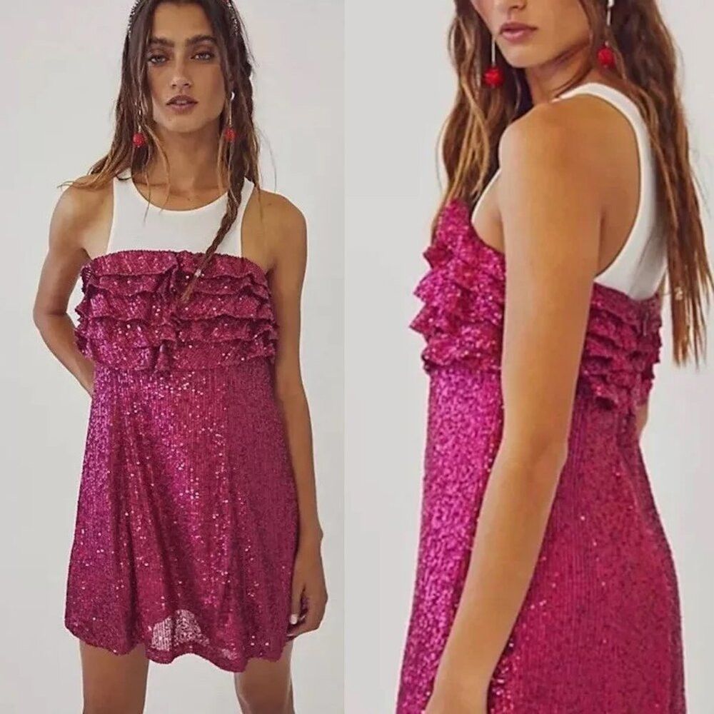 Free People New Free People Frida Sequin Ruffle Strapless Pink Magenta Size XS / US 0-2 / IT 36-38 - 2 Thumbnail