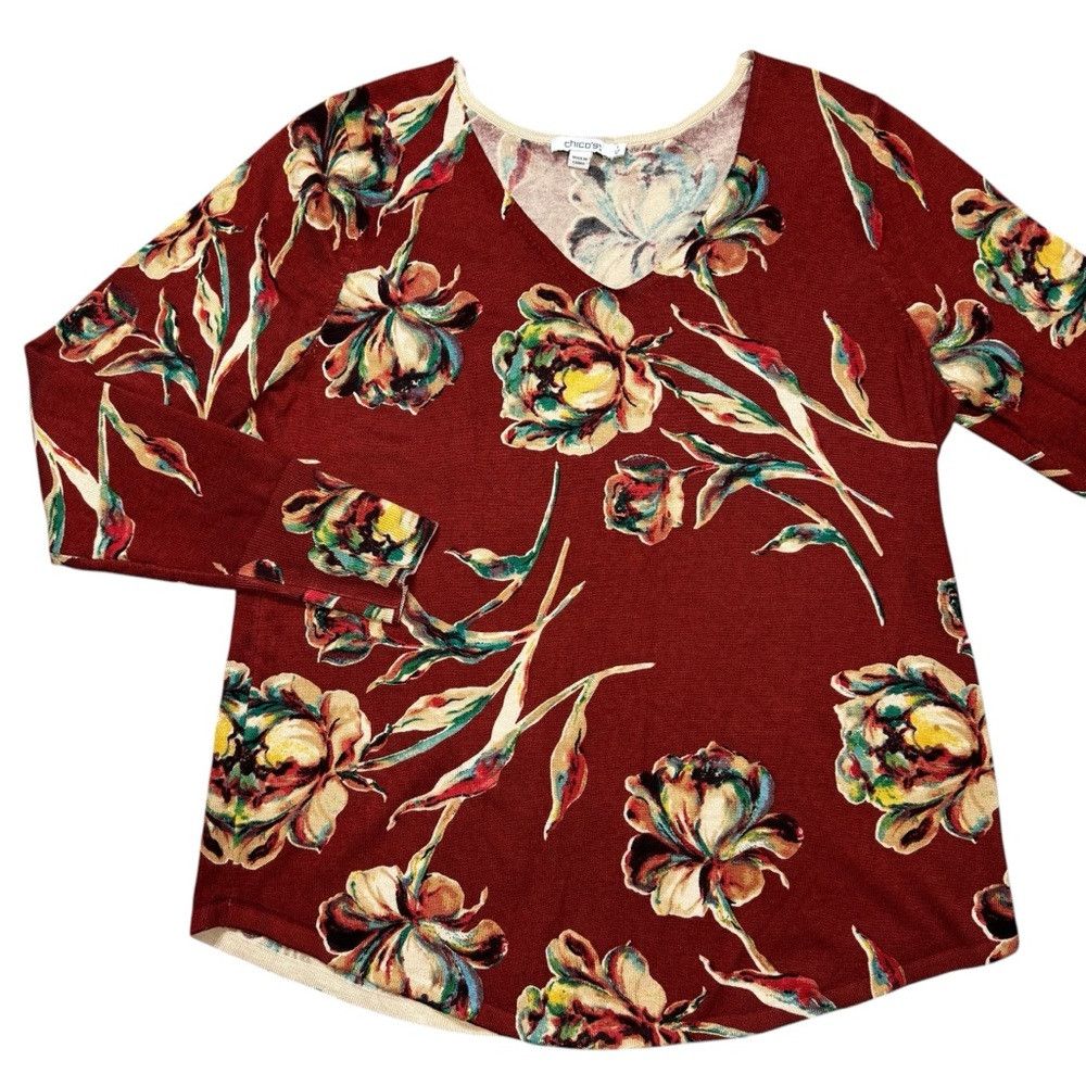 Chicos New Chico's Spun Rayon Floral V-Neck Sweater Size 1 US M Size M / US 6-8 / IT 42-44 - 5 Thumbnail