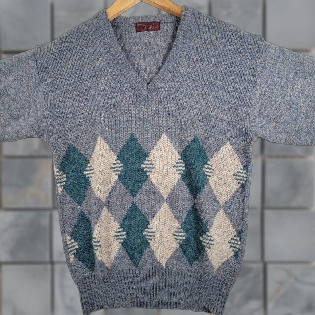 Vintage VINTAGE Threds Sweater Cardigan V-Neck Argyle Diamond Pattern Men M Blue Gray 90s Preppy Classic All Seasons Size US M / EU 48-50 / 2 - 1 Thumbnail