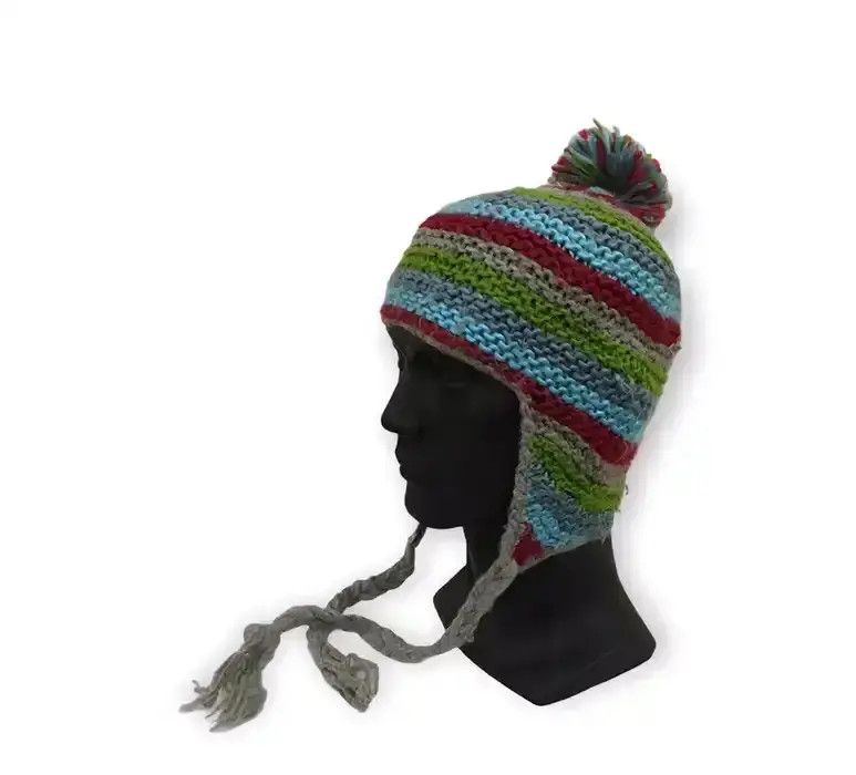 Japanese Brand Japanese Brand Multicolour Earflap Knit Design Beanie Hat Size ONE SIZE - 1 Thumbnail