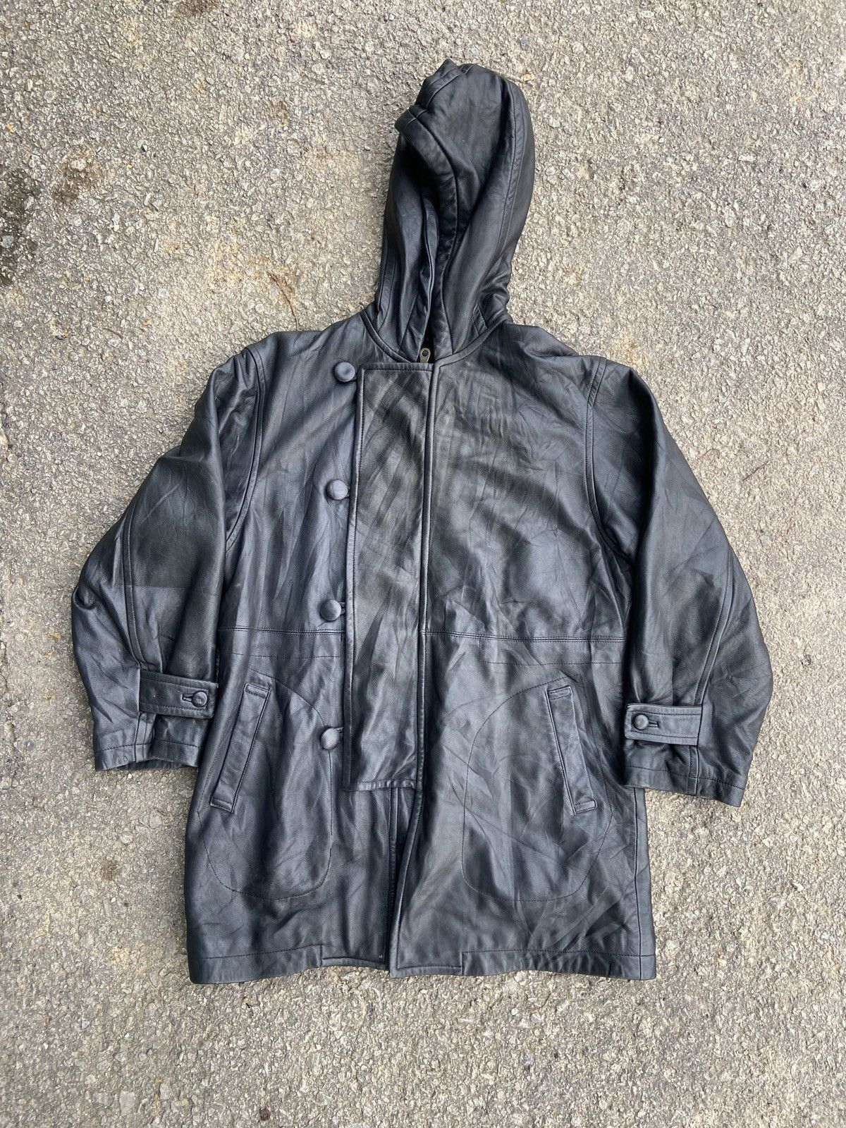 Yohji Yamamoto Circa 92–93 Hooded Leather Coat with Asymmetrical Button Size US L / EU 52-54 / 3 - 18 Thumbnail