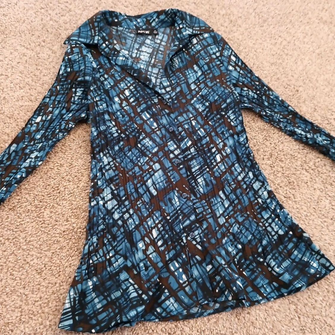 Apt. 9 Apt. 9 Womens Medium Blue Brown Geometric Long Sleeve Bell Cuff Button Up Shirt Size M / US 6-8 / IT 42-44 - 4 Thumbnail