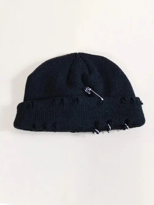 image of Vintage Distressed Beanie in Black, Men's