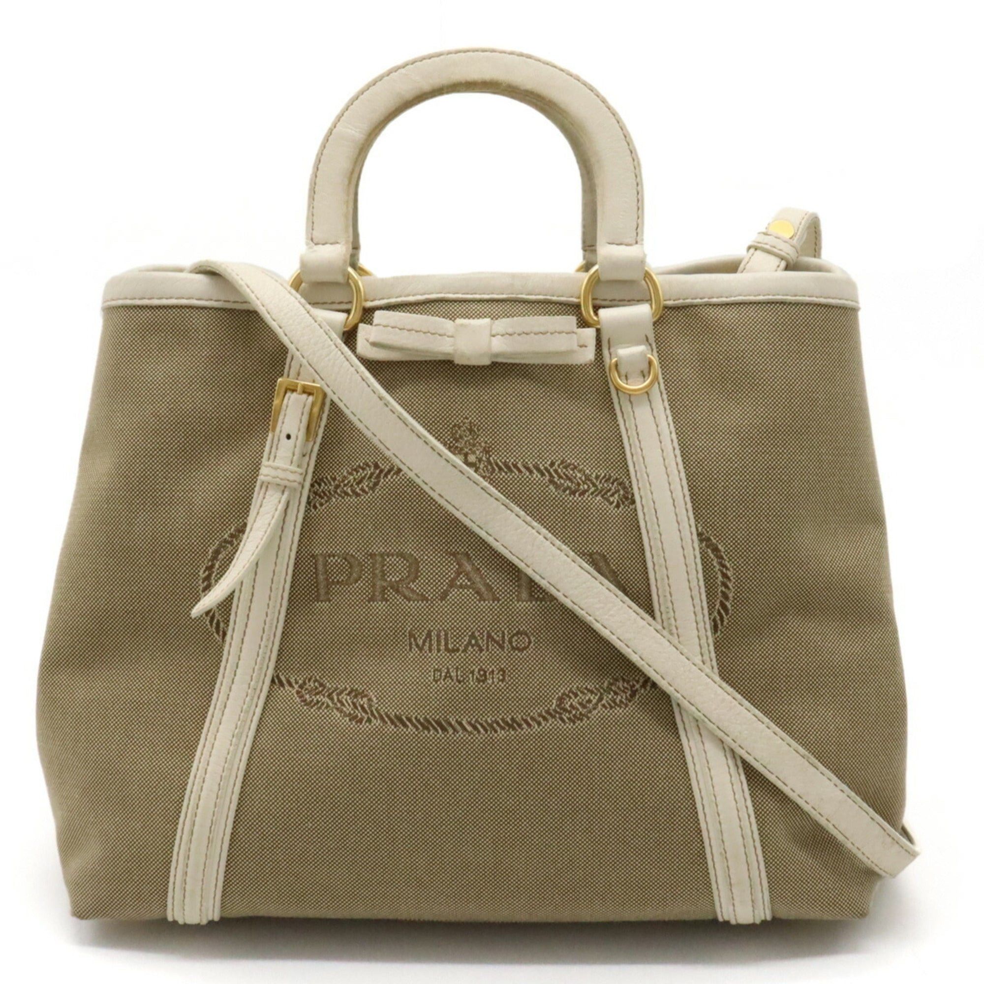 image of Prada Jacquard Ribbon Tote Bag Handbag Shoulder Corda Beige Talco Ivory Bn1841 in Tan, Women's