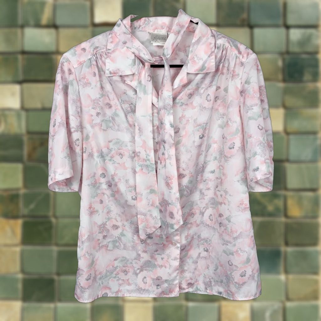 Vintage VINTAGE Pykettes Shirt Abstract Floral Slick Lightweight Button Up Tie Neck 12 Pink 1980s Secretary/Geek Mens Womens Size XL / US 12-14 / IT 48-50 - 1 Thumbnail