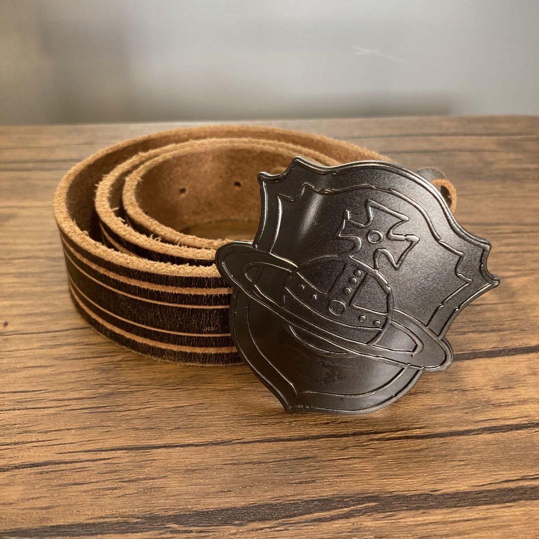 image of Vivienne Westwood Metal Enameled Buckle Cowboy Texas Decorated Leather Belt in Brown, Men's