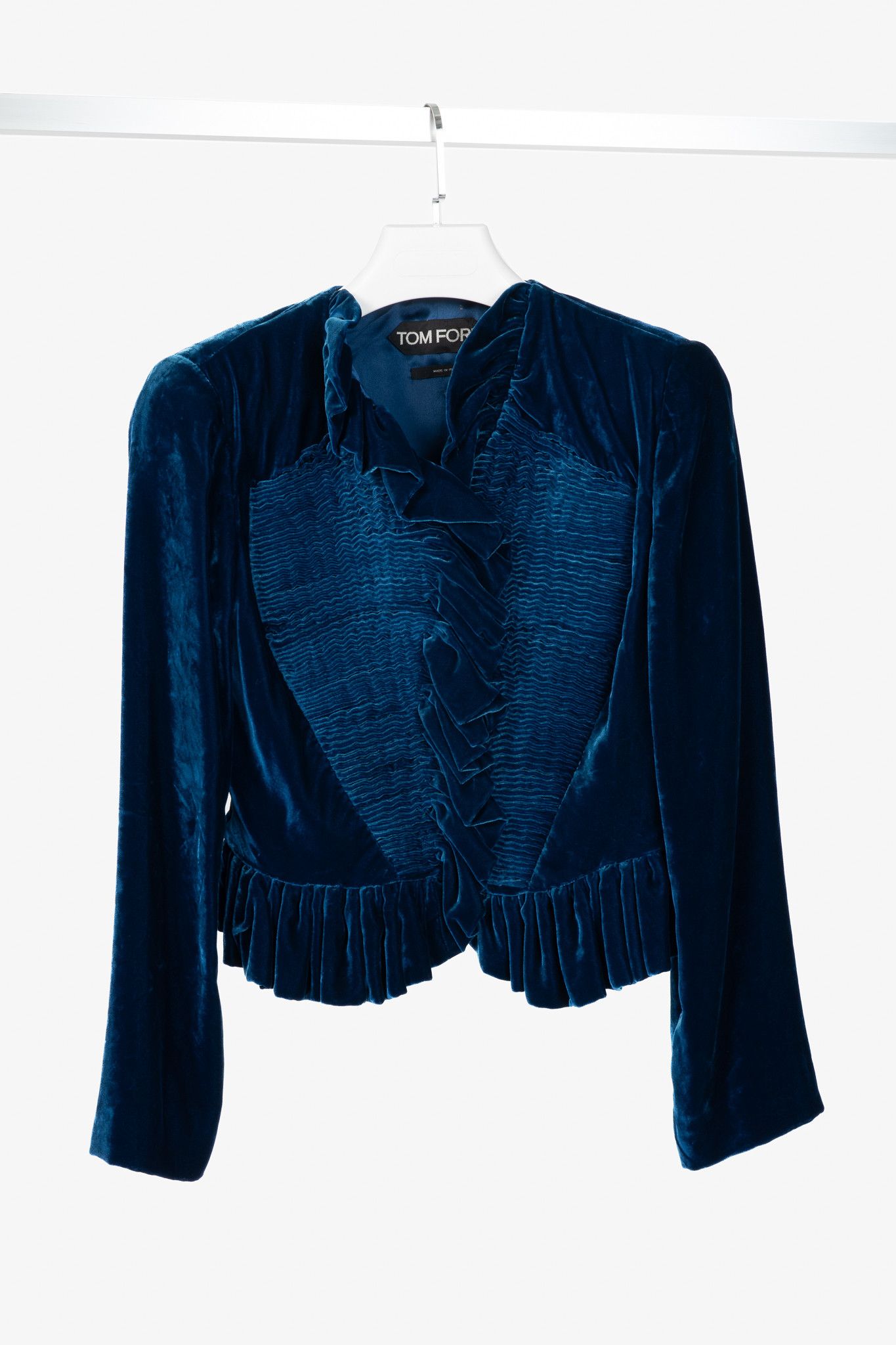 Tom Ford Tom Ford AW11 Blue Velvet Pleated Ruffle Peplum Jacket Size L / US 10 / IT 46 - 1 Thumbnail