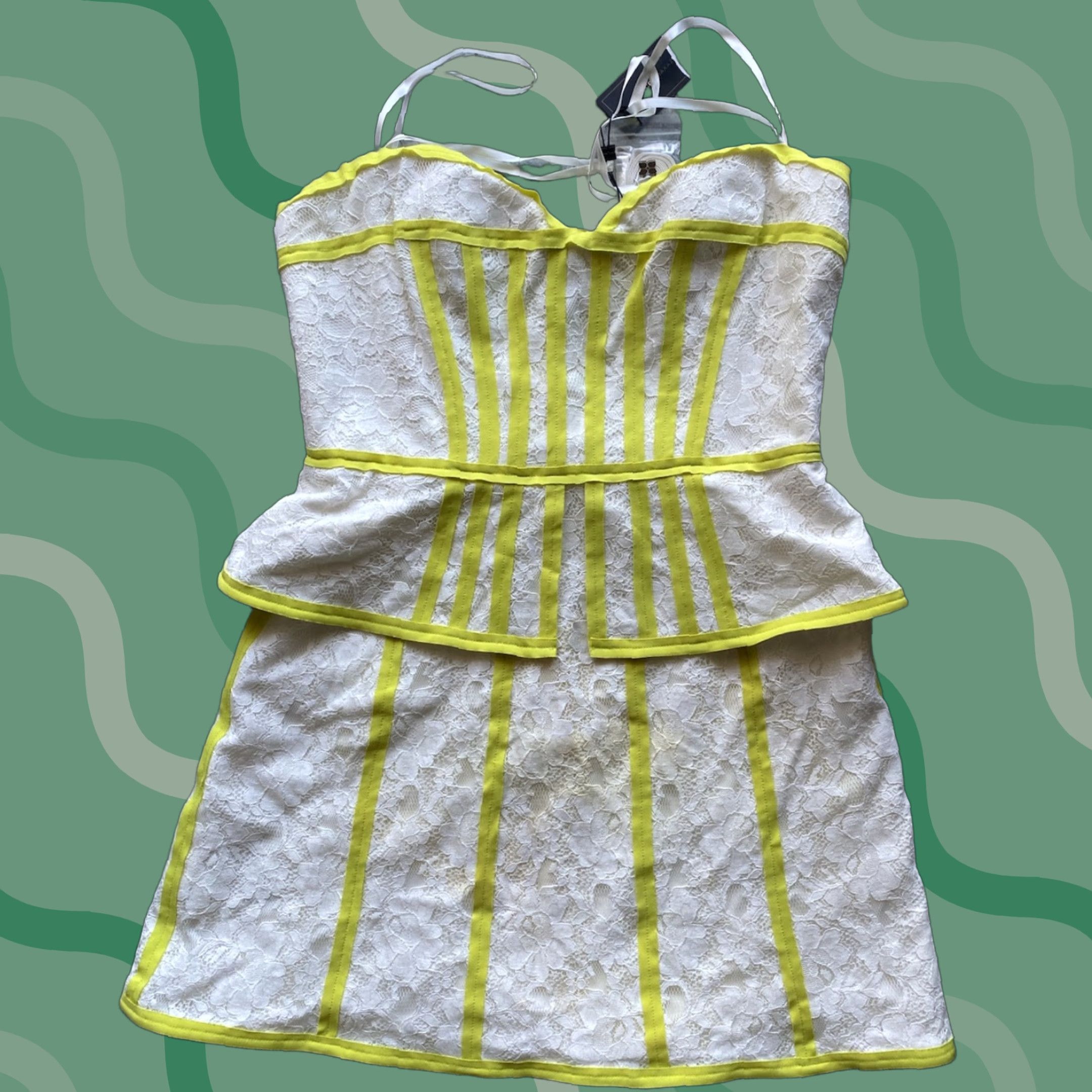 Bcbgmaxazria BCBGMAXAZRIA Kellyn Mini Dress SIZE 10 Bustier White Yellow Straps NEW NWT Womens Dress Mini Short Sleeveless Strap White Yellow 10 NWT Size L / US 10 / IT 46 - 1 Thumbnail