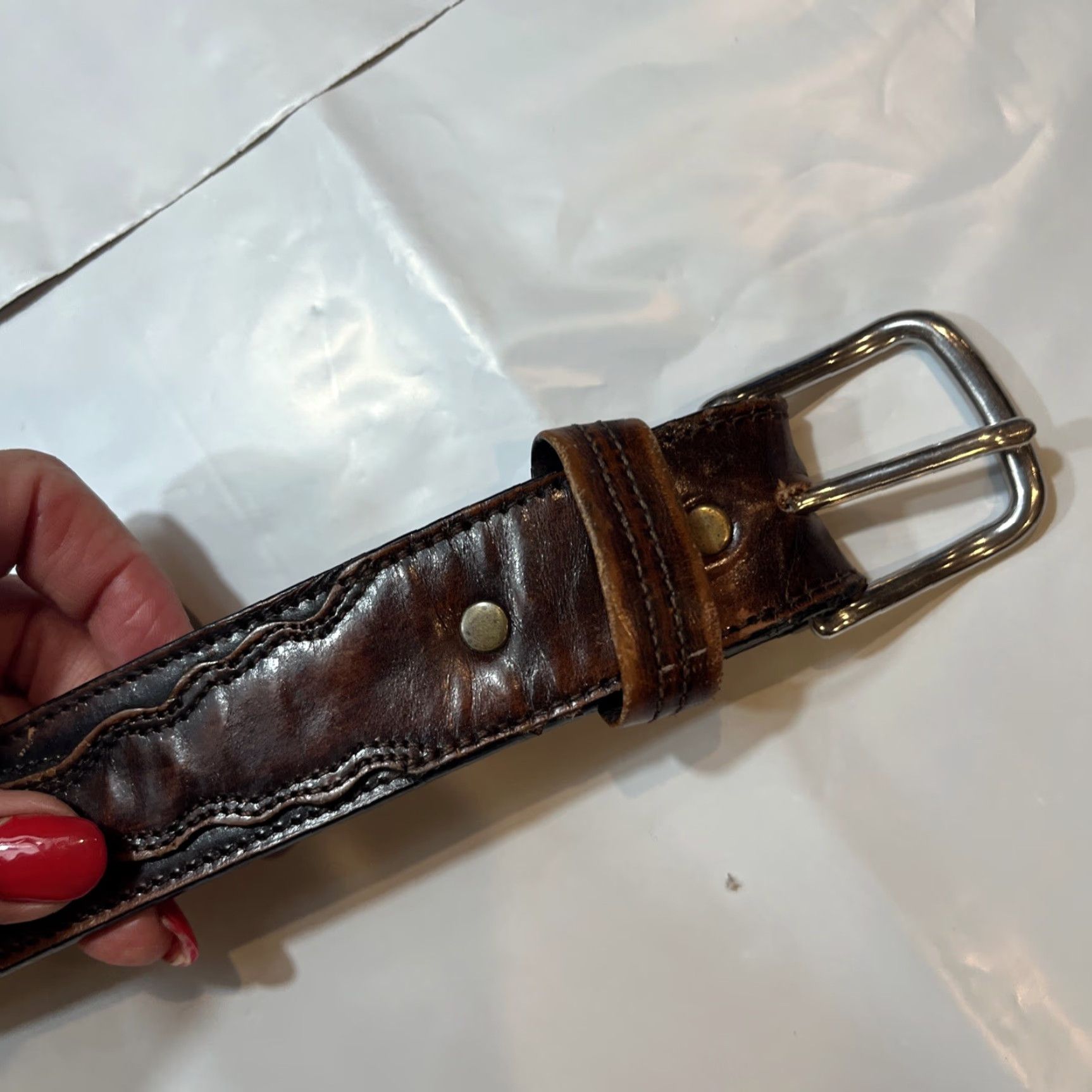 Vintage VINTAGE Leegin Leather Belt 1.5” Wide Removable Buckle Brown 46-51” Mens Belt, Western, Heavy Duty, USA - Large Size Size ONE SIZE - 3 Thumbnail