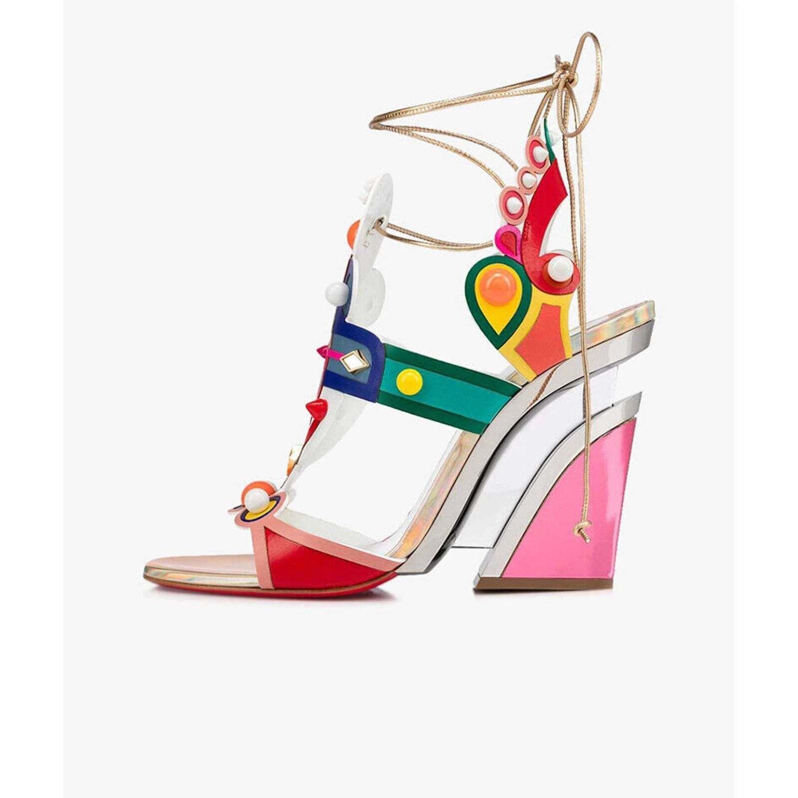 Christian Louboutin Papagaya Levita 100 Multicolor Lace Up Wedge Sandal Heel 37 Size US 7 / IT 37 - 4 Thumbnail