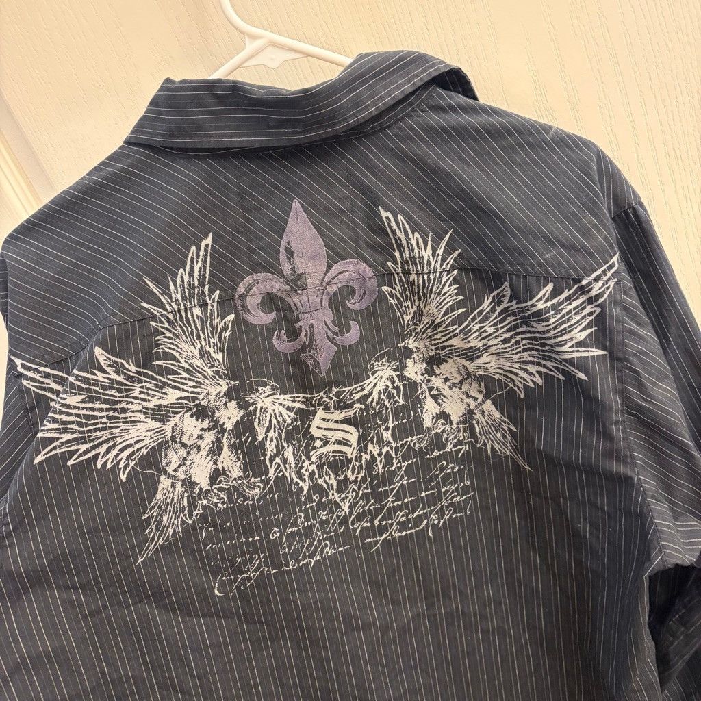 RL Grunge SK8 Y2K Black Pinstripe Button Down Shirt Size L