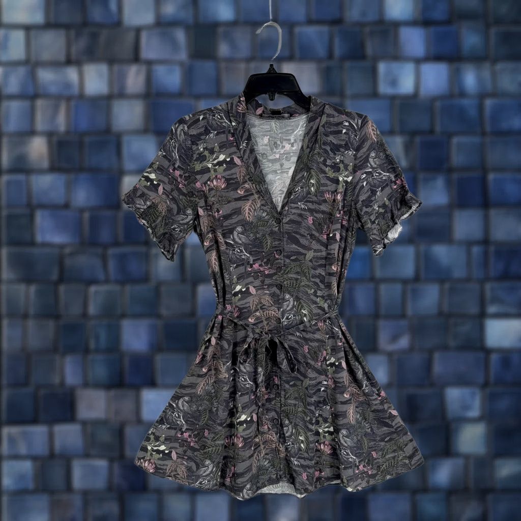 Allsaints VINTAGE AllSaints Dress Womens Small Gray Floral Bird Print V Neck Belted Mini Fit Flare Size S / US 4 / IT 40 - 1 Thumbnail