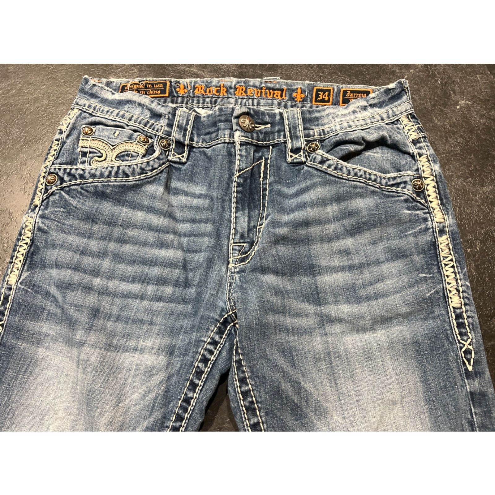 Vintage Rock Revival Jeans Mens 34x26 Jarrow Denim Boot Blue Thick Stitch Y2K Regular Rise 5-Pocket Mens Jeans Size US 34 / EU 50 - 6 Thumbnail