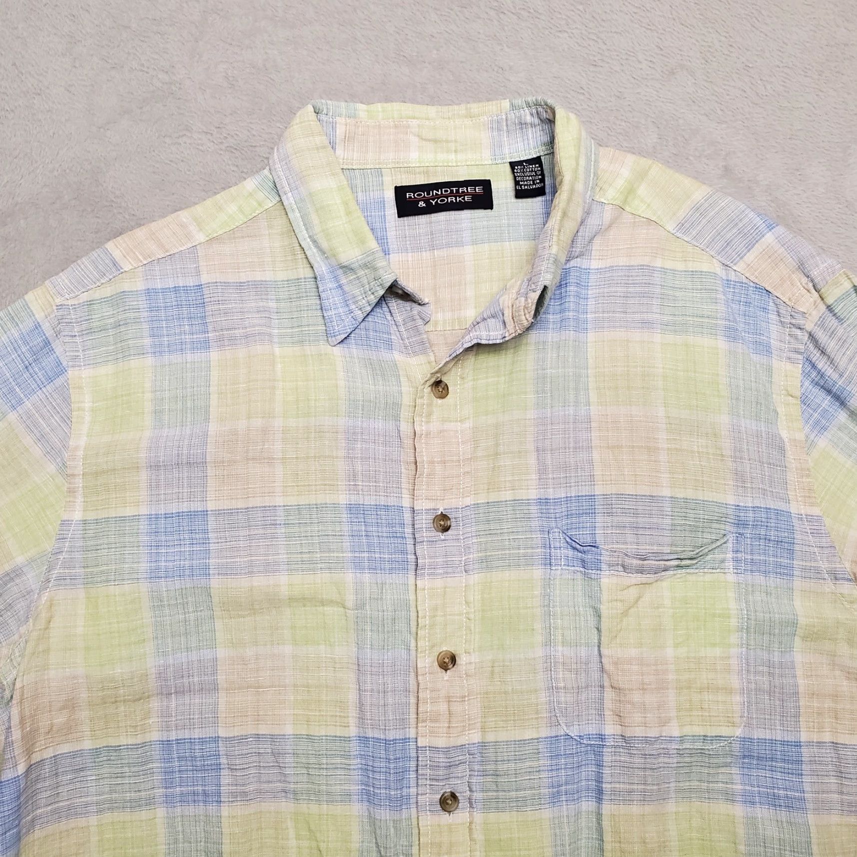 Roundtree & Yorke VINTAGE Roundtree Yorke Shirt Mens Large Blue Plaid 60% Linen Short Sleeve Button Casual Size US L / EU 52-54 / 3 - 2 Thumbnail