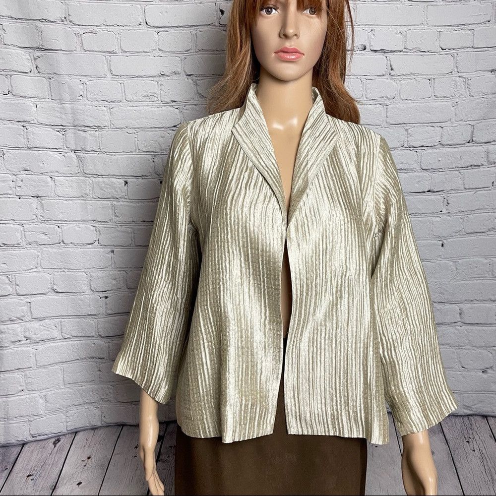 Eileen Fisher Eileen Fisher Silk Groove Beige Open Front 3/4 Sleeve Jacke Size M / US 6-8 / IT 42-44 - 2 Thumbnail