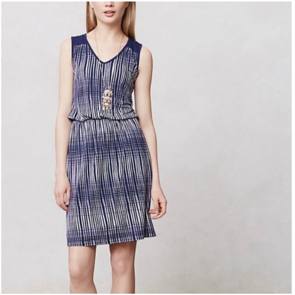 Anthropologie Anthro Deletta Janie Jersey Dress Blue Motif White Medium Size M / US 6-8 / IT 42-44 - 2 Thumbnail